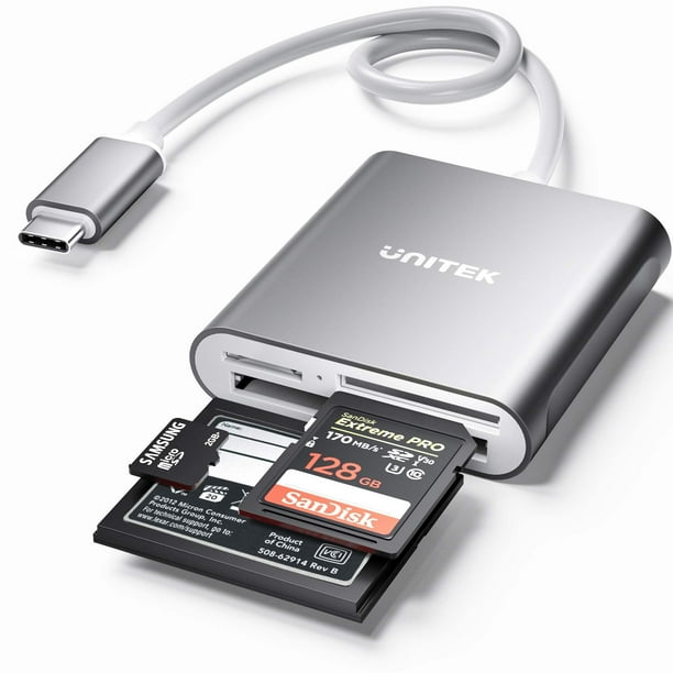 Lector de tarjetas SD USB C Unitek de 3 ranuras USB 3.0 tipo C - Gris