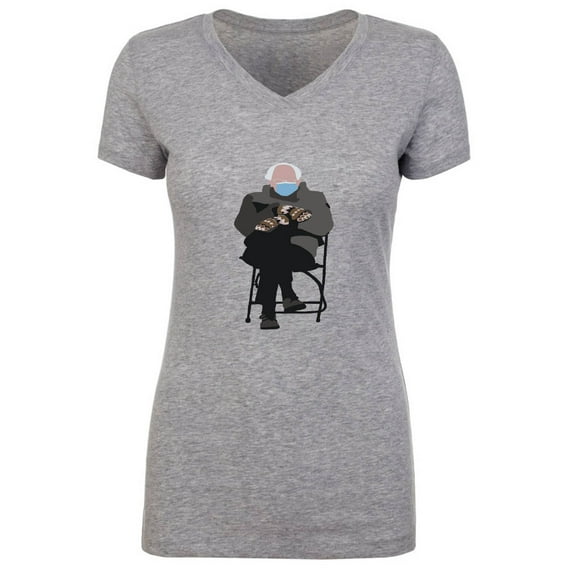 GRAY Bernie Sanders Mittens Inauguration Meme LADIES V-NECK T-shirt ADULT