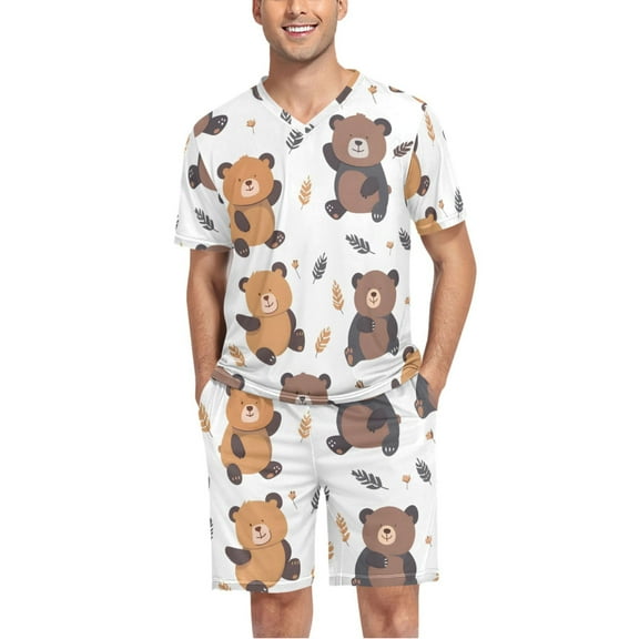 joogoo Men's Pajama Set Cartoon Bear V-Neck Pj Shorts Set 2 Piece Loungewear Sleepwear L