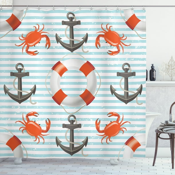 Nautical Shower Curtain, Life Rings Anchor And Ropes Ocean Crabs ...