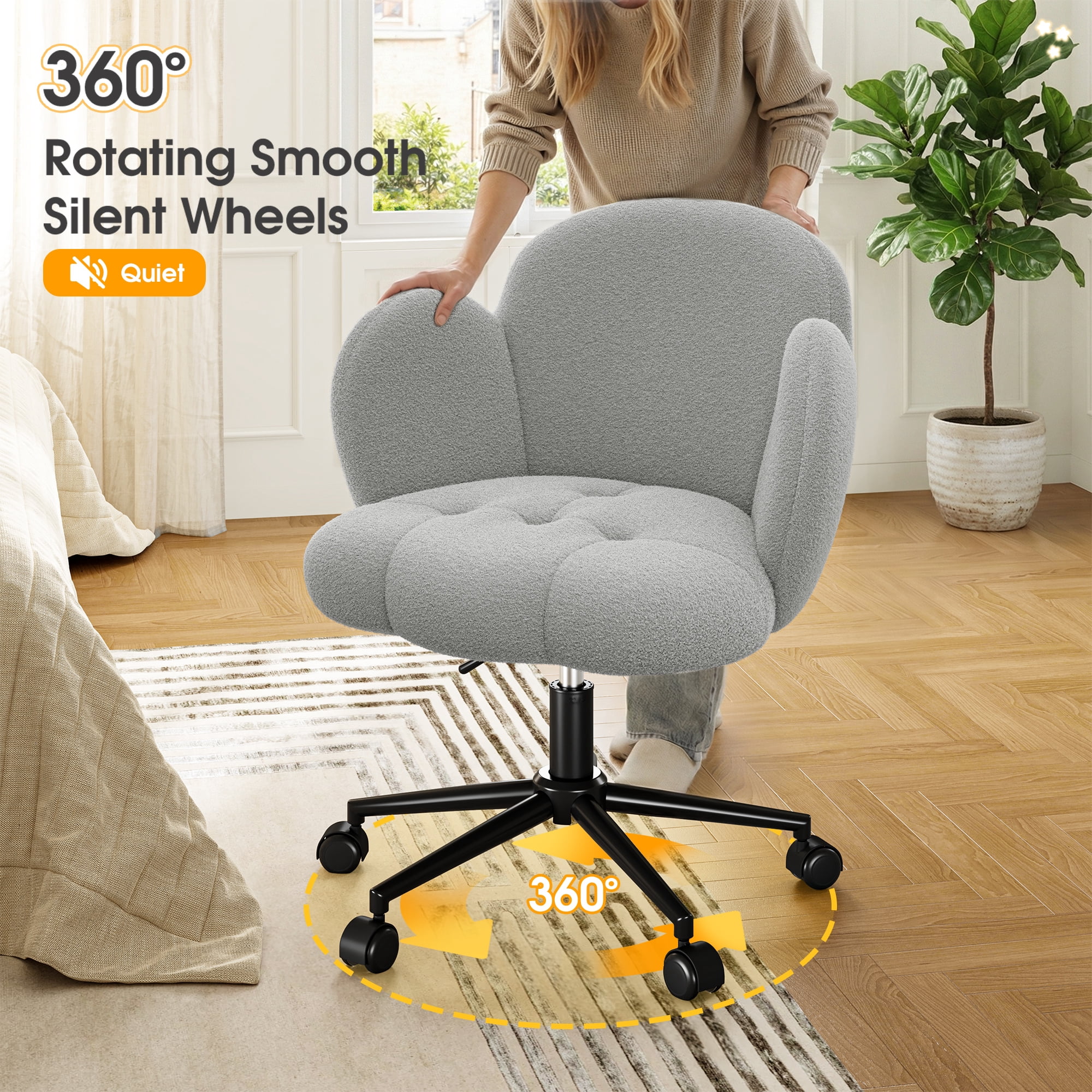 Romorgniz Vanity Chair with Back & Wheels Upholstered Desk Chair Height Adjustable Teddy Velvet Computer Task Chairs for Home Office, Gray