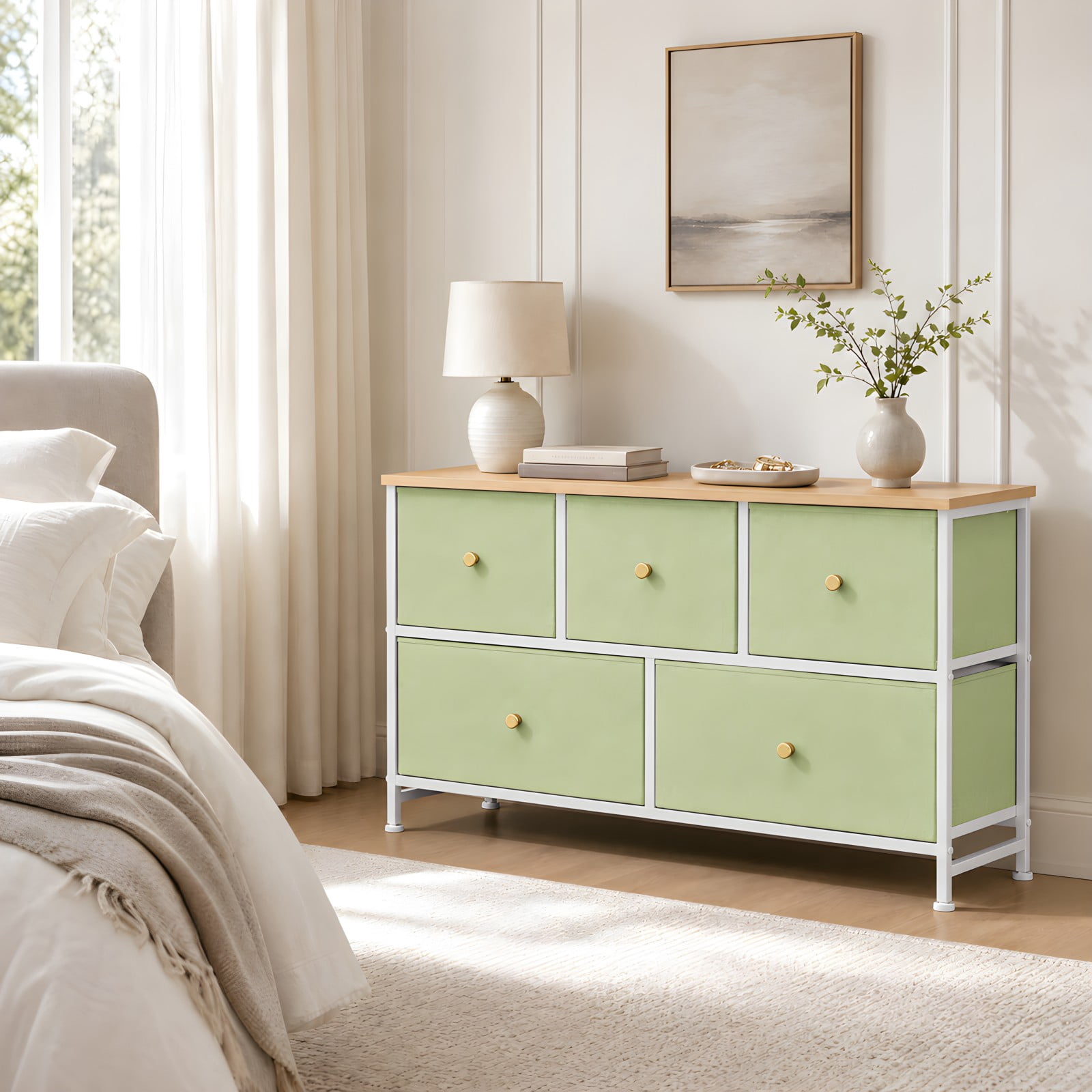 Telyra 5-Drawer Fabric Dresser TV Stand Organizer with Wood Top and Metal Frame, Light Green