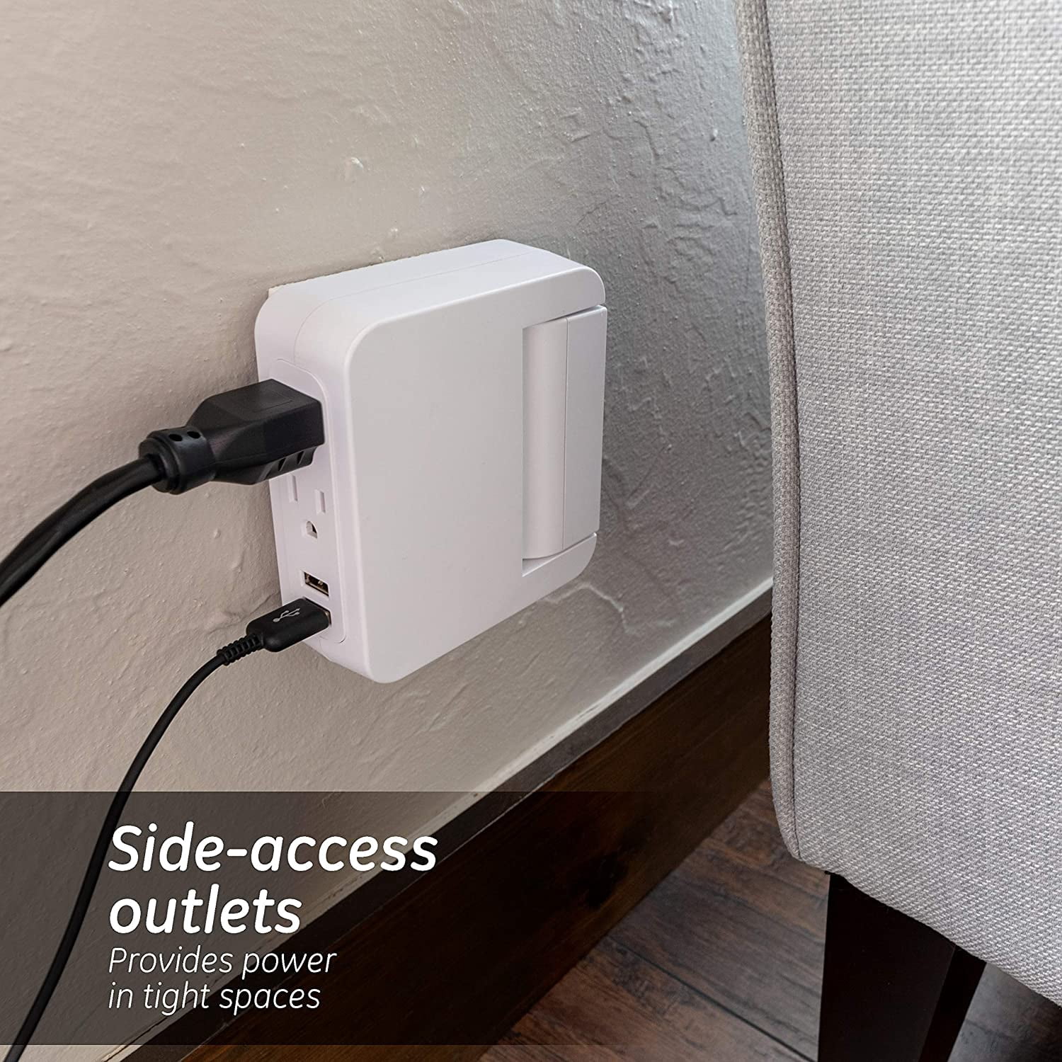 GE Pro Side-Access Swivel Surge Protector, 5-Outlet Wall Tap with 2 USB Ports, 3 Prong, Charging Station, 560 Joules, White, 2 Pack - 55246