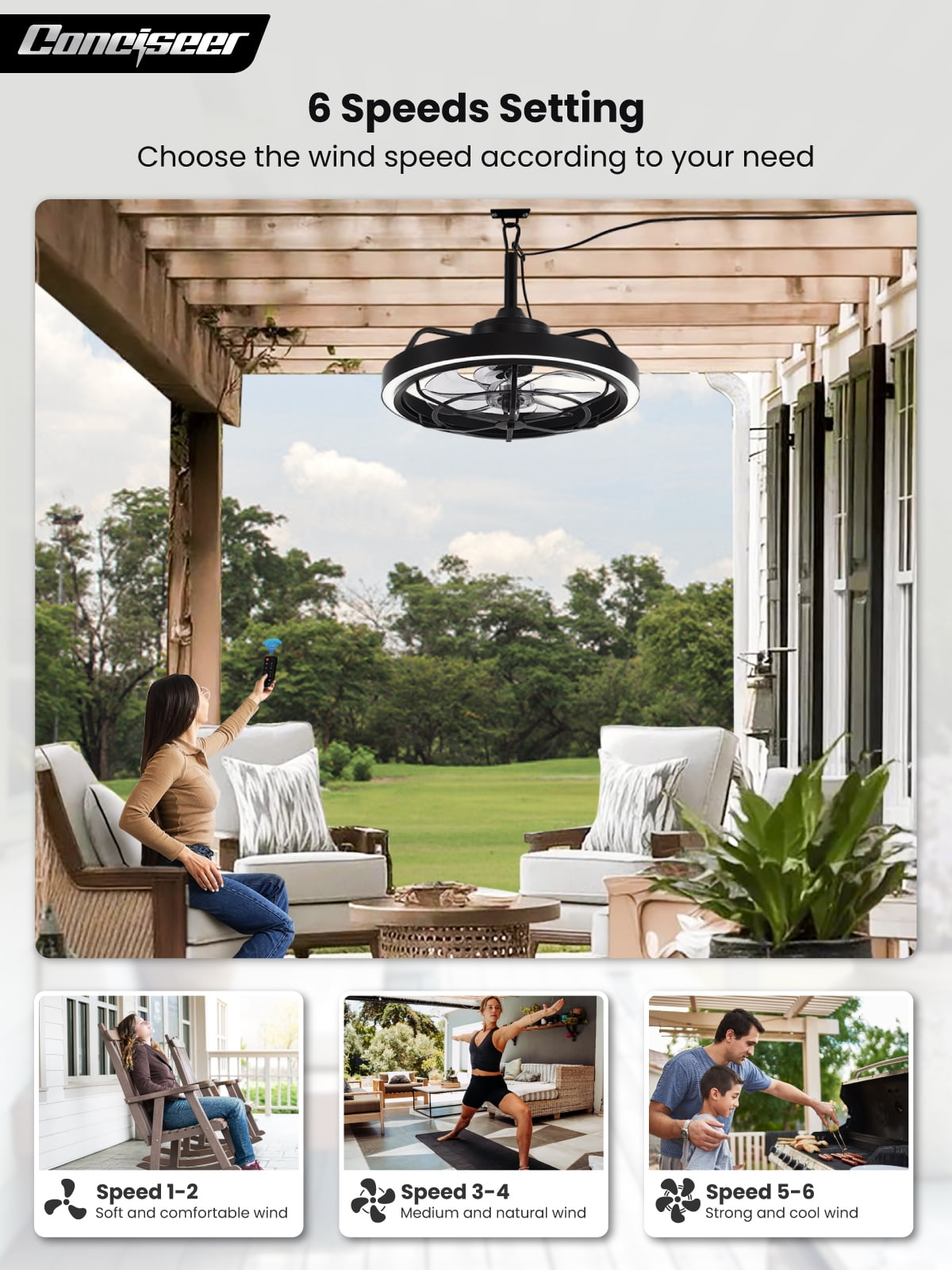 Outdoor Ceiling Fan with Light for Patio, 20" Waterproof All-Weather Plug-in Hanging Fan, Smart APP/Remote Control, 3CCT Dimmable LED, Caged Design for Gazebo, Pergola, Porch