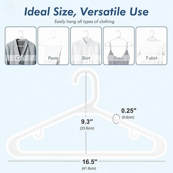 White Plastic Hangers 16 Pack, Space Saving Coat Hanger, Clothes Hanger with Non Slip Hooks, Plastic Clothing Hangers for Closet, Ideal for Everyday Use on Shirts, Coats, Pants, Dress