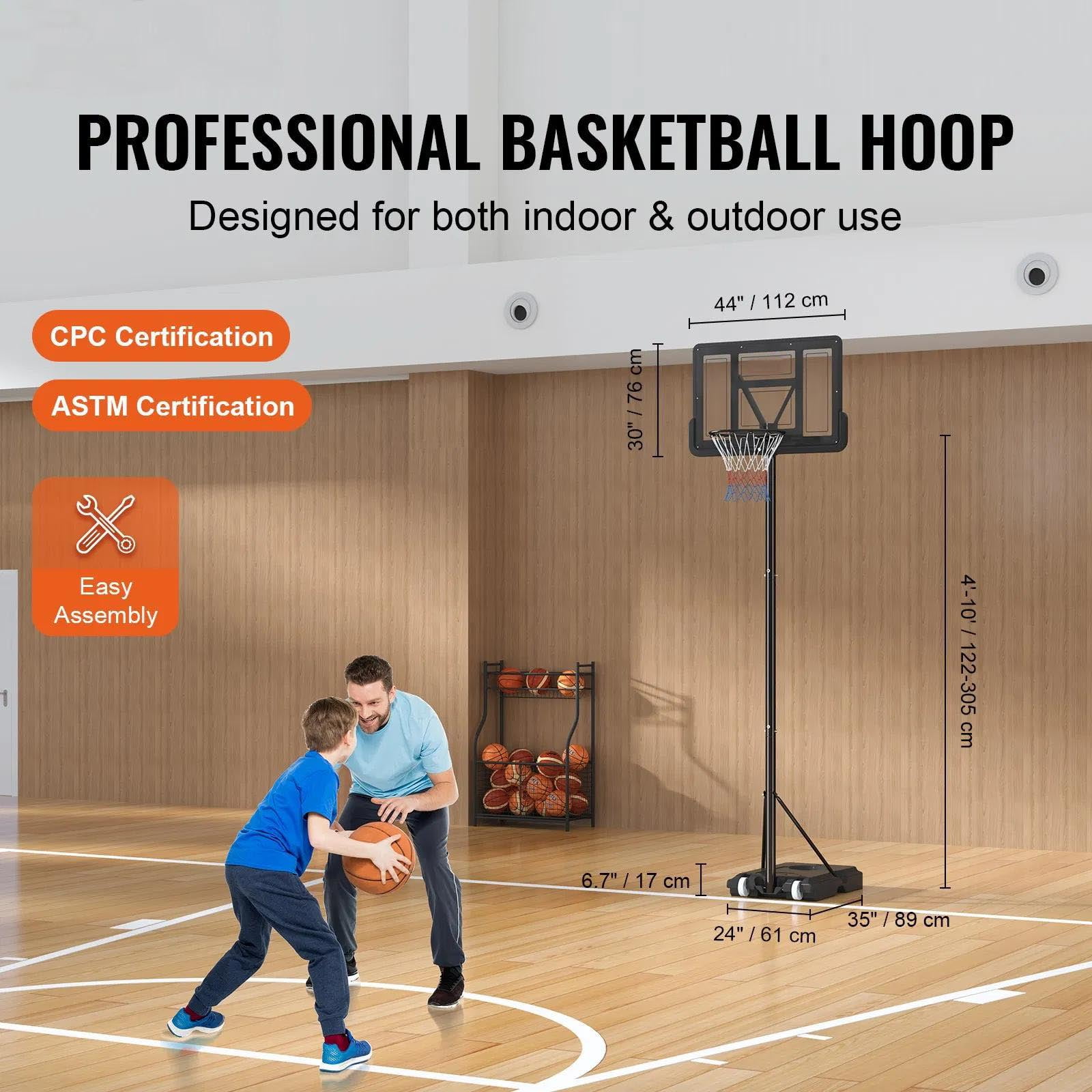 Basketball Hoop, Adjustable Height Portable Backboard System, 44 inch Basketball Hoop & Goal with Wheels for Indoor