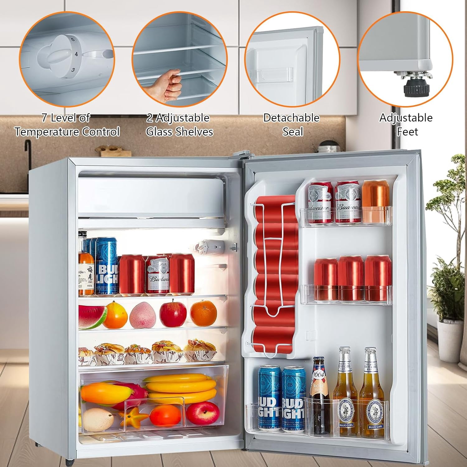 4.3 Cu. Ft Mini Fridge with Freezer - Space-Saving Design, Adjustable Temperature, Organized Storage, Crisper Drawer, Removable Glass Shelves, Ideal for Compact Spaces, Grey