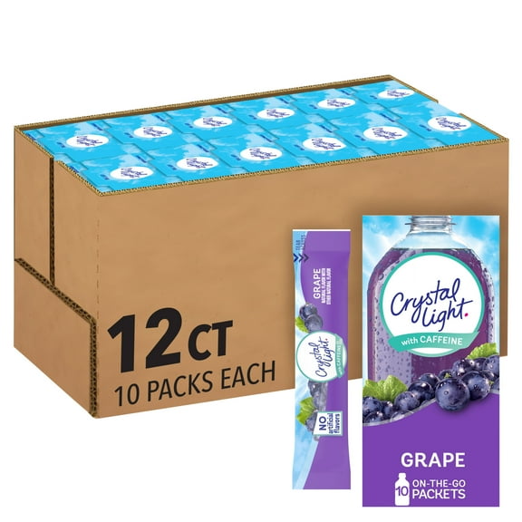 Crystal Light Grape Naturally Flavored Powdered Drink Mix with Caffeine, 120 ct Pack, 12 Boxes of 10 On-the-Go-Packets