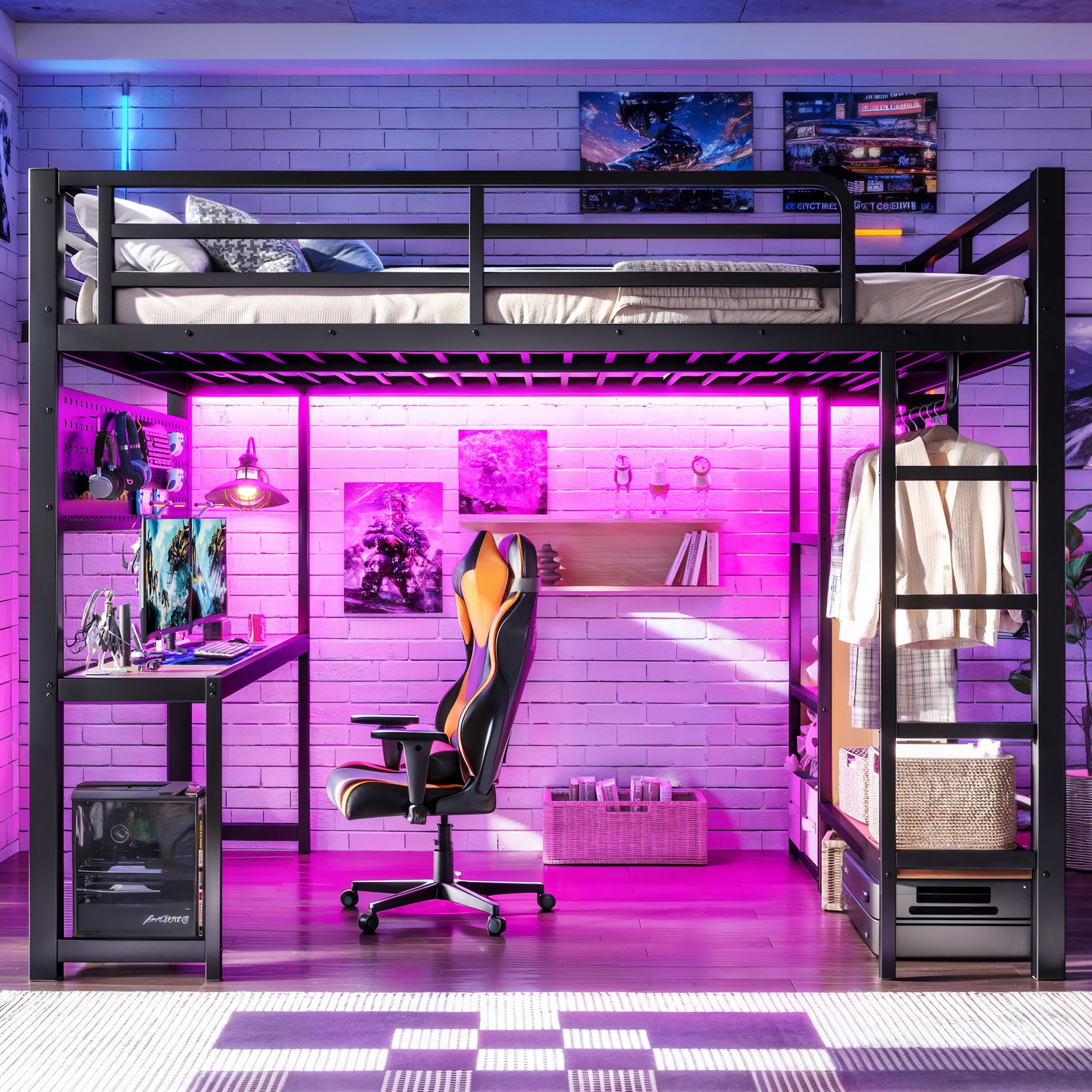 Noble House Queen Loft Bed with Desk, Storage Shelves, USB Ports and Lights, Black