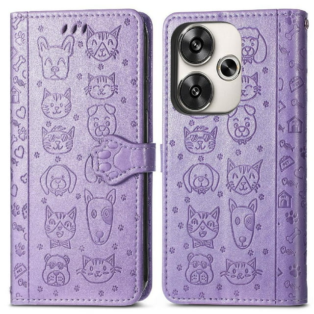 Funda Cartera FOXDOCK para Xiaomi POCO F6 , Flip PU con Relieve de Gatos y Perros, Tarjetero y Soporte