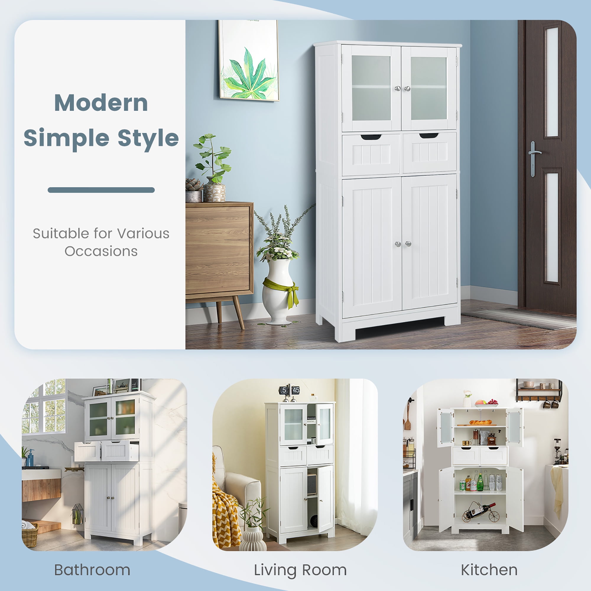 Costway Bathroom Floor Storage Cabinet Kitchen Cupboard with 2 Drawers & Glass Doors White