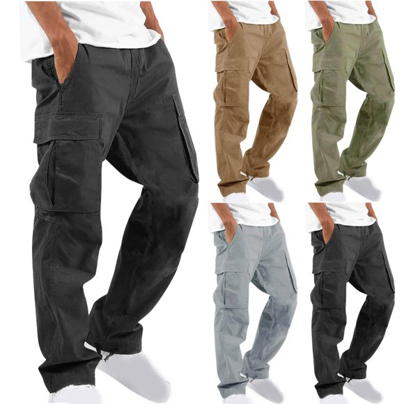 CFLVAEK Mens Cargo Pants Casual Drawstring Elastic Waist Tactical Pant with Multi Pockets Loose Fit Wide Leg Hiking Workout Pants Black L
