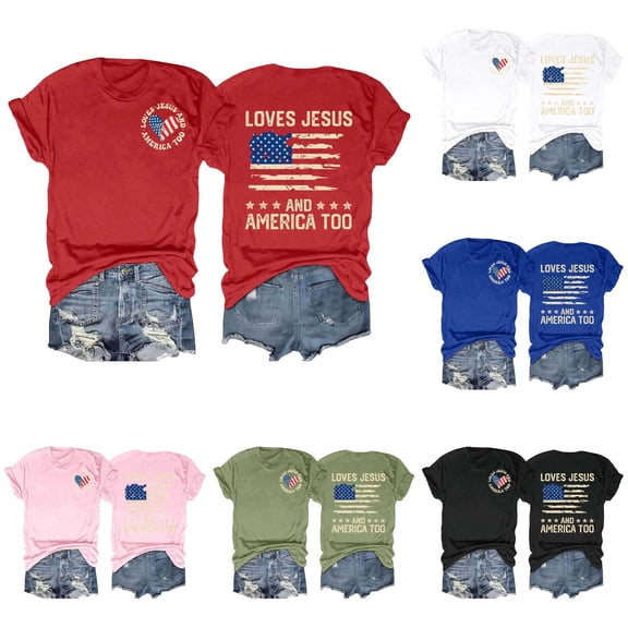 Trendfront Womens Double Sided T-Shirt 4th Of July Crewneck Short Sleeve Loves Jesus And America Too Tee Distressed Flag Printed 250th Anniversary USA Pullover Tops