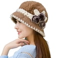 thumbnail image 2 of dianhelloya Warm hat Patchwork Color Round Dome Short Brim Bucket Hat Old People Winter Elegant Flower Decor Knitted Hat Camel, 2 of 8