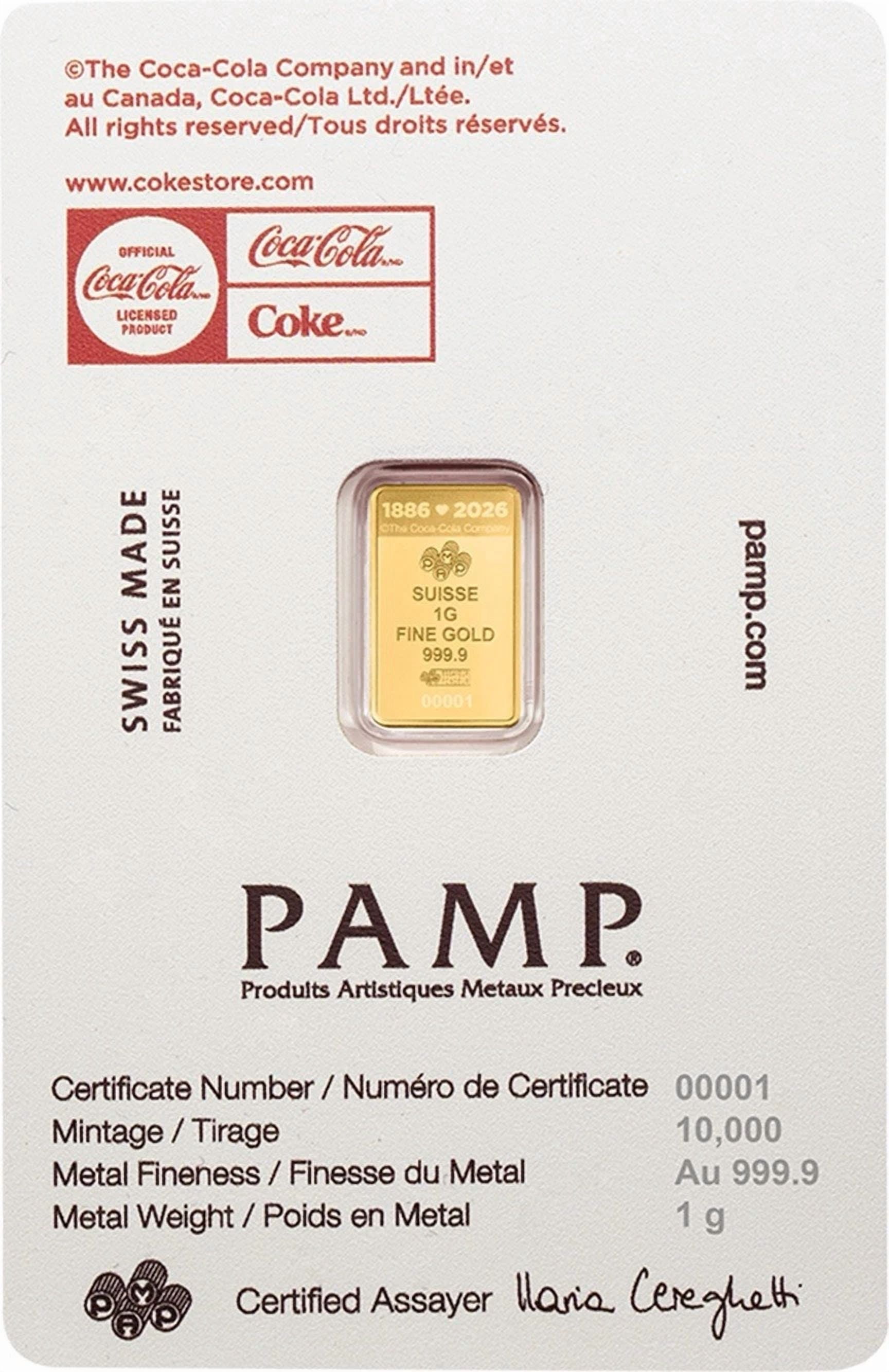 1 Gram Gold Bar PAMP Coca-Cola Valentine’s Love Bar .9999 Fine In Assay