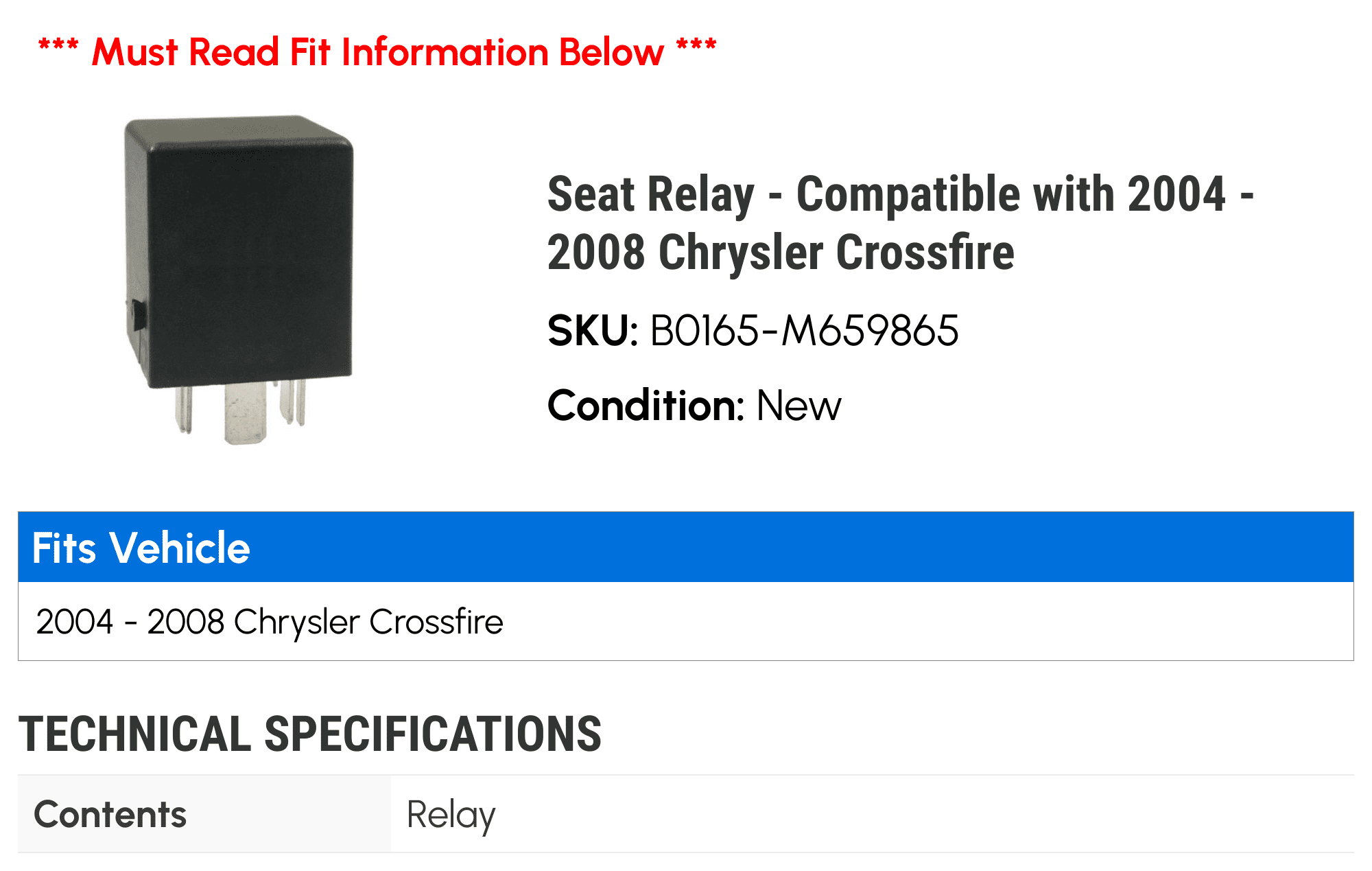Seat Relay - Compatible with 2004 - 2008 Chrysler Crossfire 2005 2006 2007