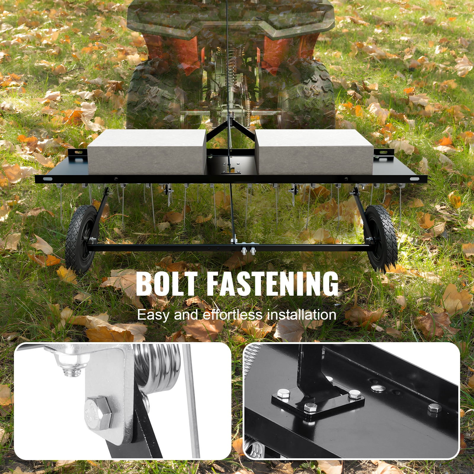 KFFKFF Towable Dethatcher, 48" Width with 24 Durable Spring Tines, Ideal for ATV or Lawn Mower Use, Garden and Lawn Rake with Easy Lift Handle for Efficient Grass Maintenance