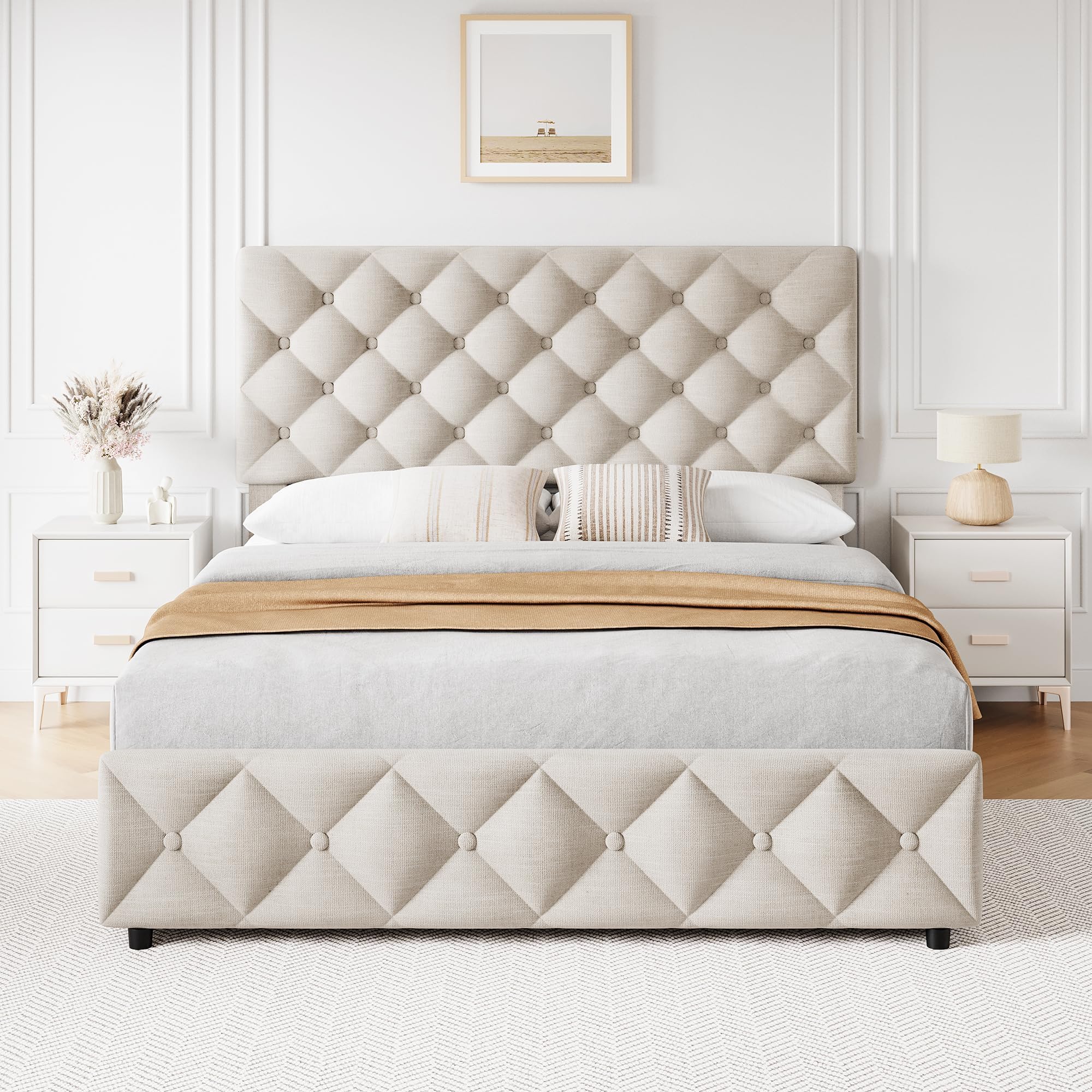 Queen Size Bed Frame with 4 Storage Drawers, Linen Upholstered Platform Bed Frame with Adjustable Headboard, Diamond Stitched Button Tufted