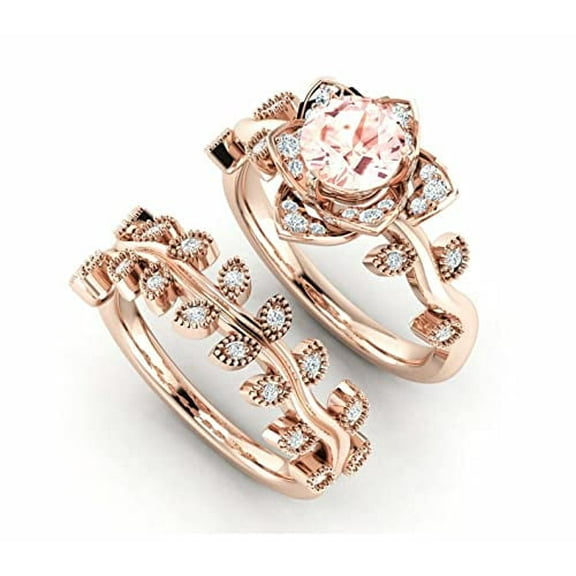 HeartsAndYou 2ct Natural Morganite Diamond Floral Bridal Set Engage Ring 14k SOLID Rose Gold