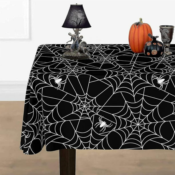 Mantel de tela de araña para decoraciones de fiesta de Halloween, paquete de 2 cubiertas de mesa de plástico para Halloween, 54'x110', negro, mantel de tela de araña a prueba de derrames