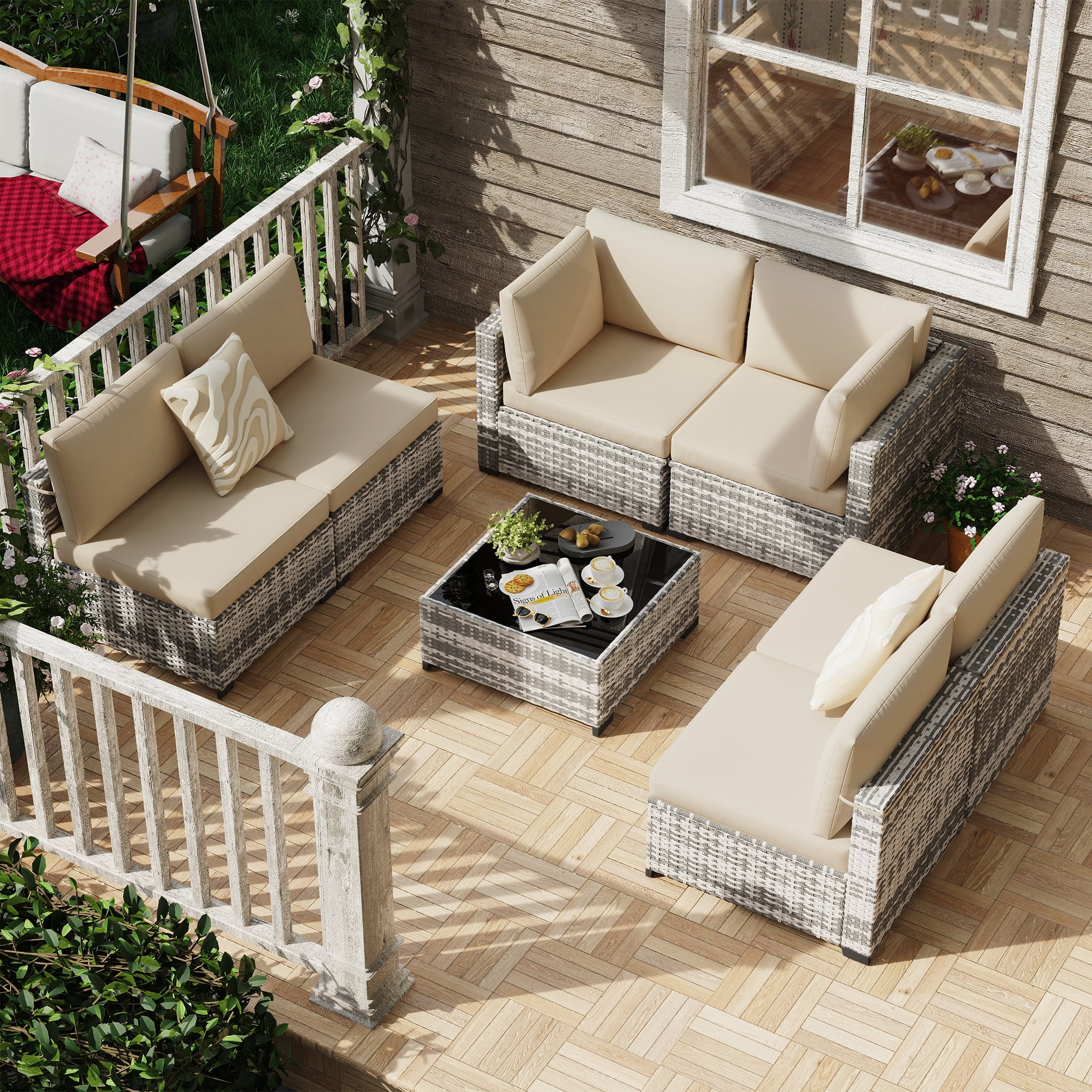 KIGOTY 7 Piece Outdoor Patio Furniture, Wicker Rattan Outdoor Conversation Set Sectional Sofas for Backyard, Garden, Grayish-White Beige
