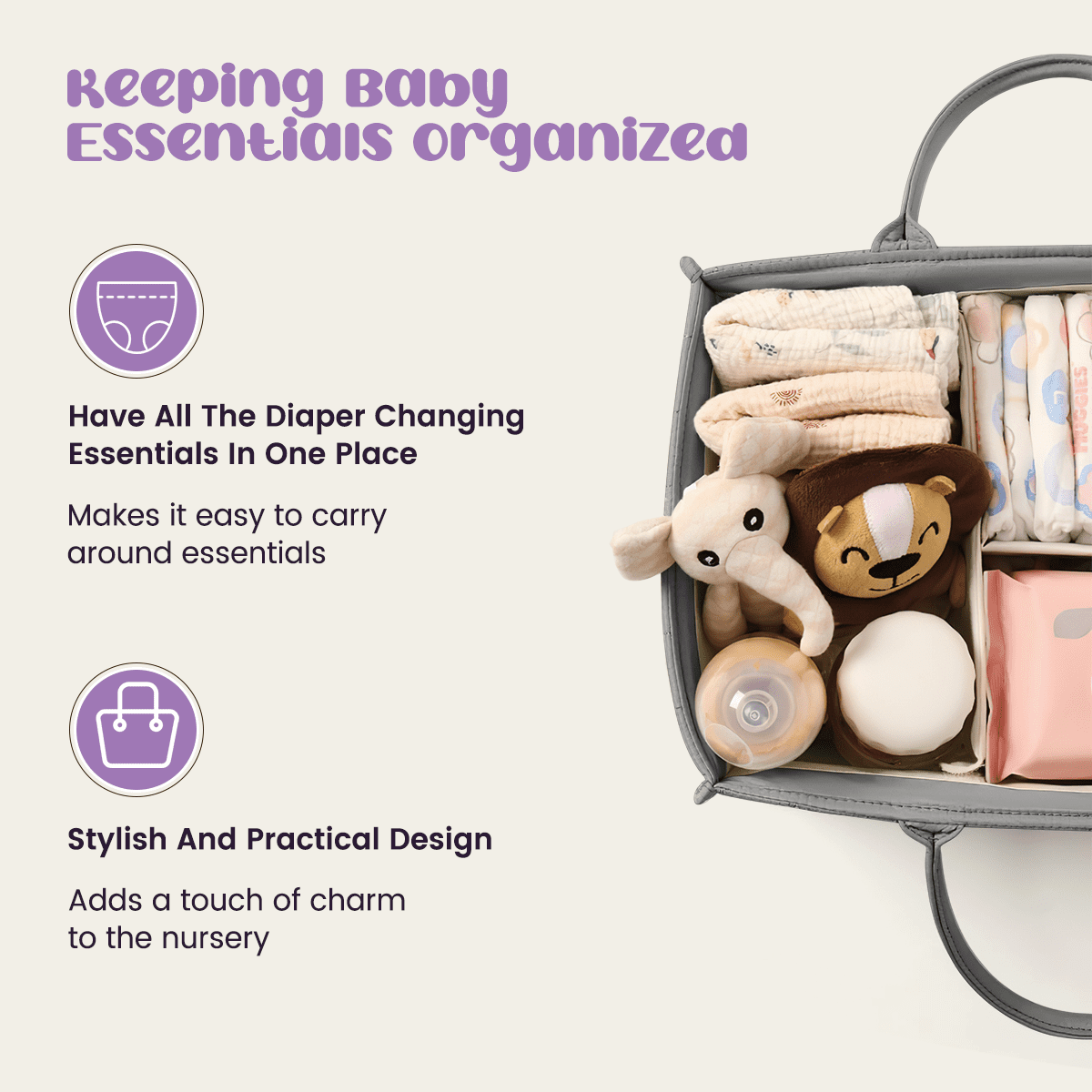 Baby Diaper Caddy Basket Organizer-Sturdy, Breathable & Washable, Large Organizer Tote Bag  for changing table, Diaper Nursery Storage Organizer for Baby Stuff, Baby Shower Gifts for Newborn, Gray