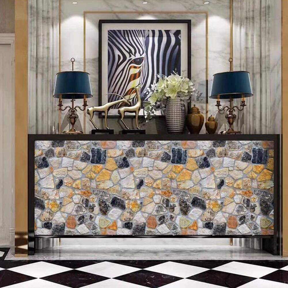 Stone Wallpaper, 3D Effect Blocks Yellow Black Multi Color Brick Peel and Stick Wallpaper, 17.7" x 393"