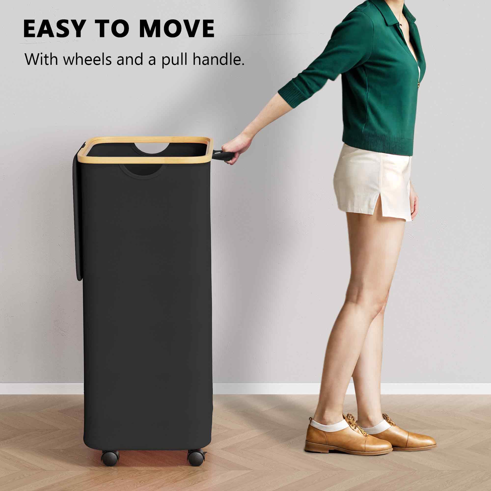 Laundry Hamper, 29 Gal (110L) Rolling Clothes Basket with Bamboo Handle Wheels and Lid, Large Laundry Hamper for Bedroom, Bathroom, Dorm, Laundry Room - Black