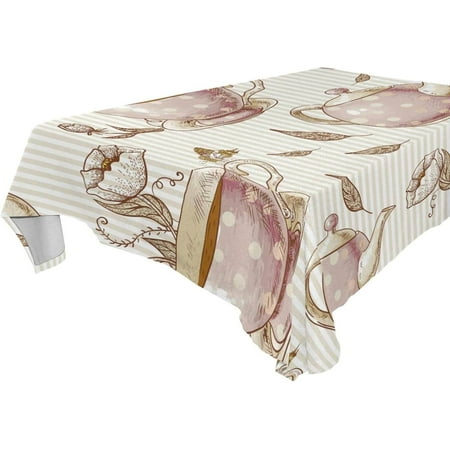 SKYSONIC 60"x120" Square Tablecloth with Vintage Cups of Tea and Pots Prints, Anti-Wrinkle and Smooth Table Cloth for Kitchen/Home Party Decoration