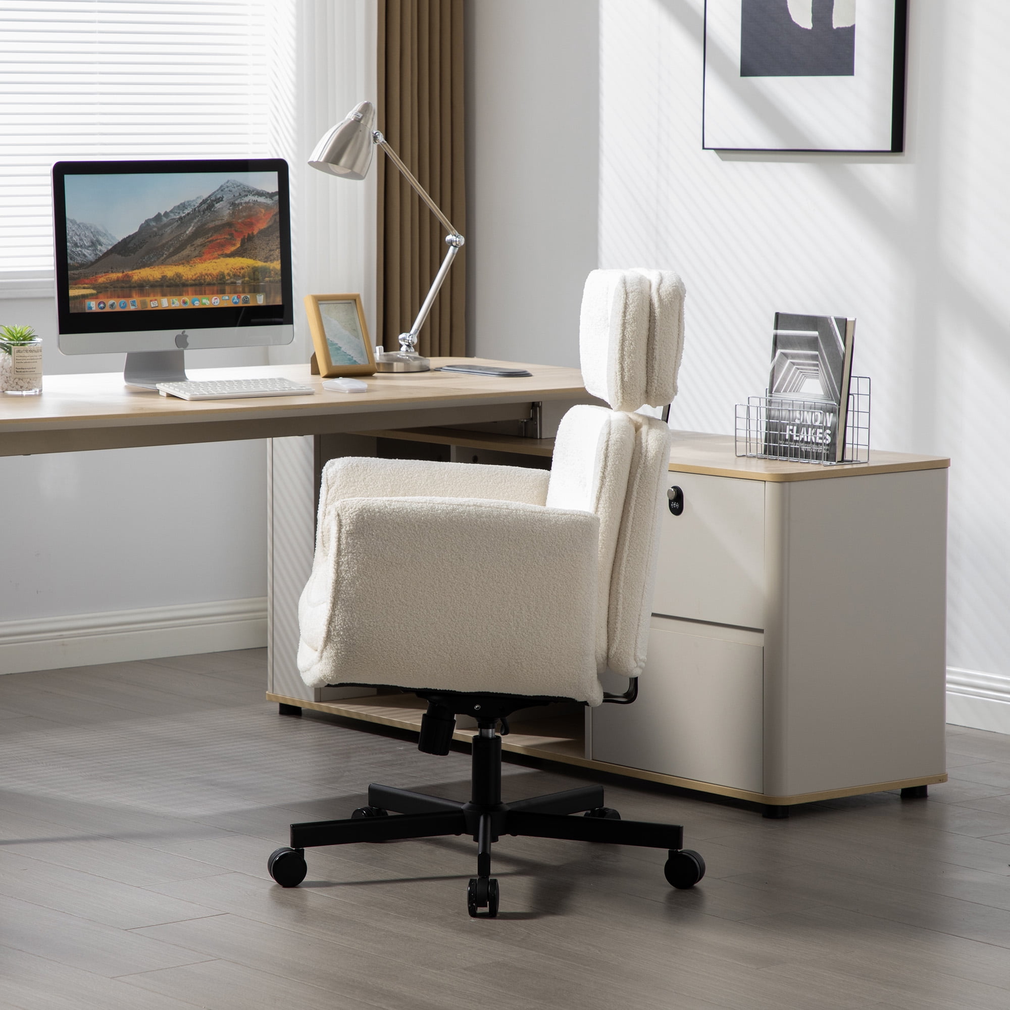 Office Chair, Desk Chair, Task Chair&nbsp;with Adjustable Armrests, Sherpa Fabric Criss Cross Chair with Wide Seat and Headrest for Home Office, Gaming, Makeup, Ivory