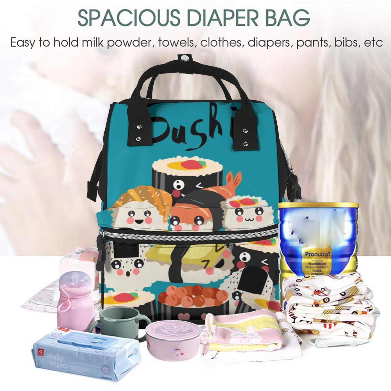 Ratiio I Love Sushi Mummy Backpack - Waterproof Twill Canvas, Large Capacity Diaper Bag with Multiple Pockets and Adjustable Straps