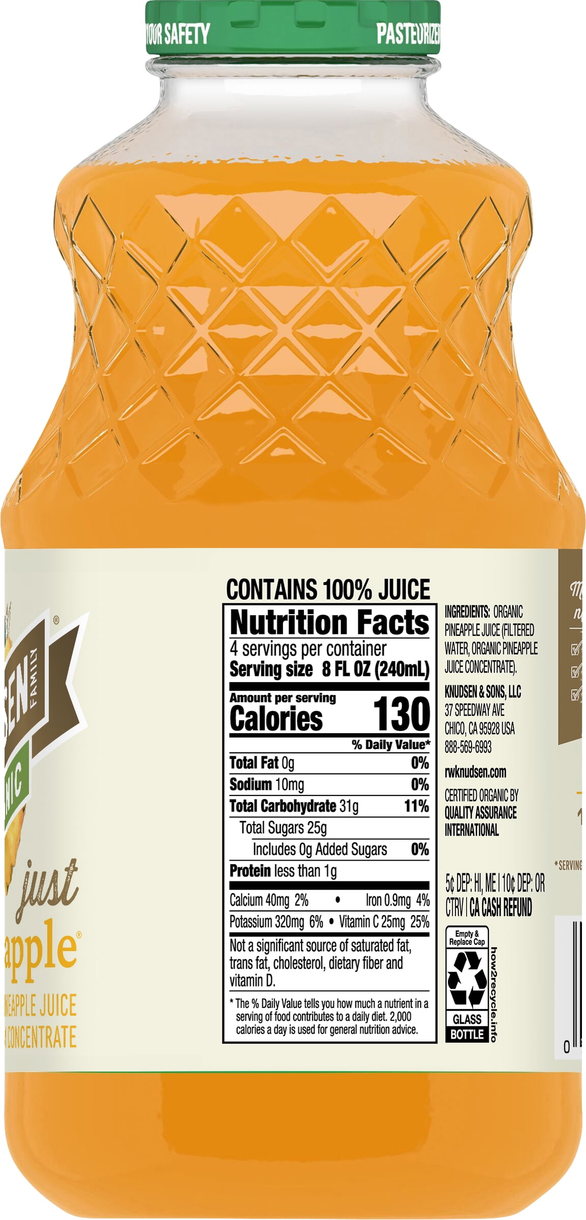 (3 pack) R.W. Knudsen Family Organic Juice Pineapple, 32.0 FL OZ