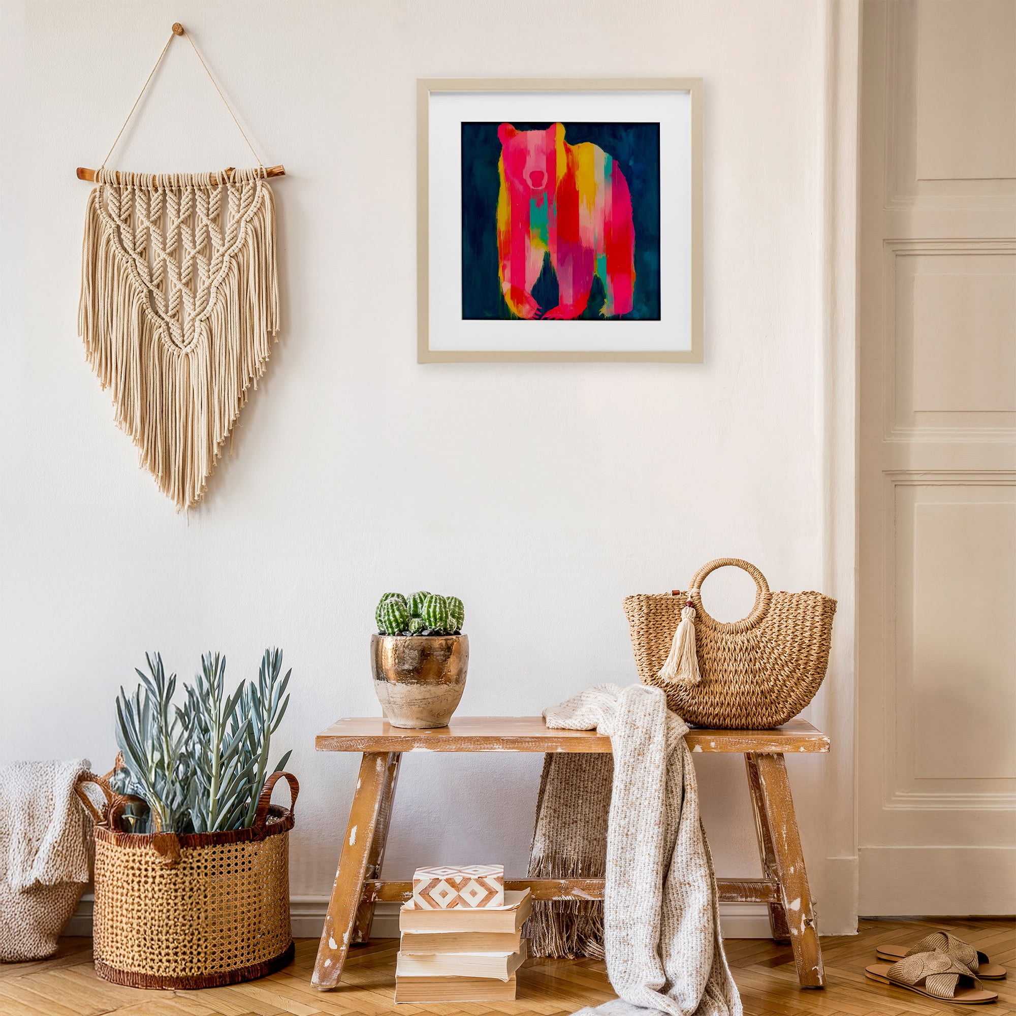 Stupell Industries Pink & Yellow Bear Standing Tall Birch Framed Print Under Glass, design by Chromatic Storm Studio