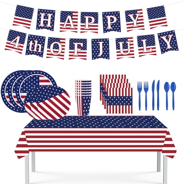 Graflsoa 24-Serve 170-Piece American Flag Themed Party Kit - Patriotic Disposable Tableware Set with Dinner & Dessert Plates, Cups, Napkins, Tablecloth, Banner for Independence Day, Memorial Day,