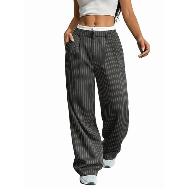 Pantalones Anchos y Holgados para Mujer, Estilo Palazzo Harén, Informales, A Rayas, con Cintura Elástica y Bolsillos Gris M