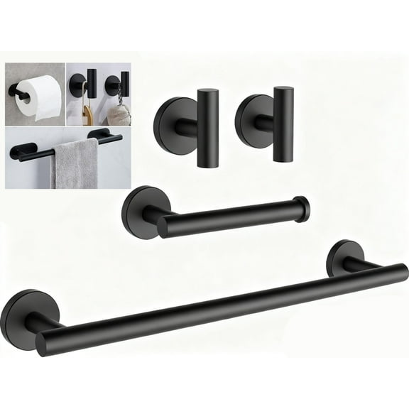 4-Pieces Matte Black Bathroom Hardware Set SUS304 Stainless Steel Round Wall Mounted - Includes 16" Hand Towel Bar, Toilet Paper Holder, 2 Robe Towel Hooks,Bathroom Accessories Kit
