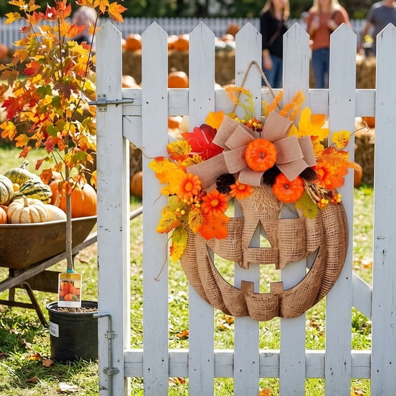 Burlap Pumpkin Wreath for Front Door Farmhouse Fall Wreath, Fall Door Decor, Halloween Autumn Wreath for Porch Home Decor