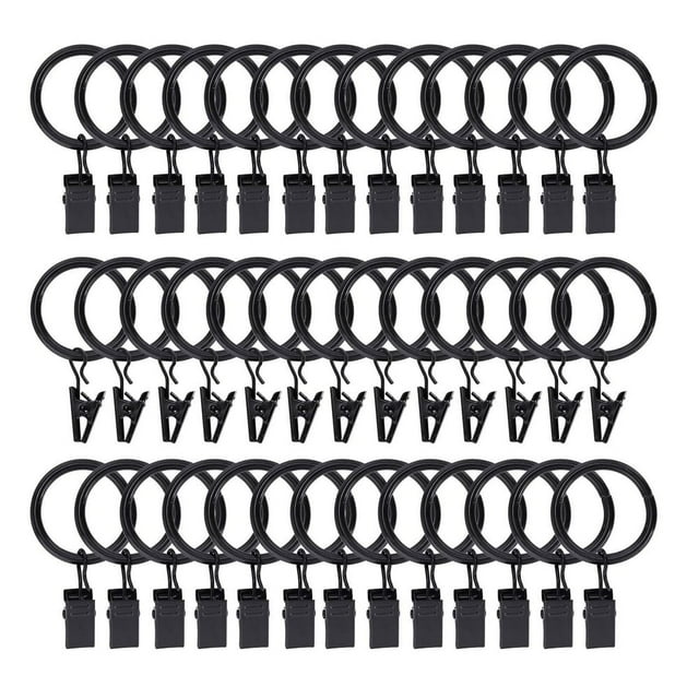 LOVEVER Lot de 40 Anneaux à Rideaux avec Pinces Crochets 1 Po Anneaux de Draperie en Acier Inoxydable Métal Mat Antirouille pour Tringle à Tension Oeillets de Support Cintres Décoratifs Noir (Diamètre Intérieur 1”)
