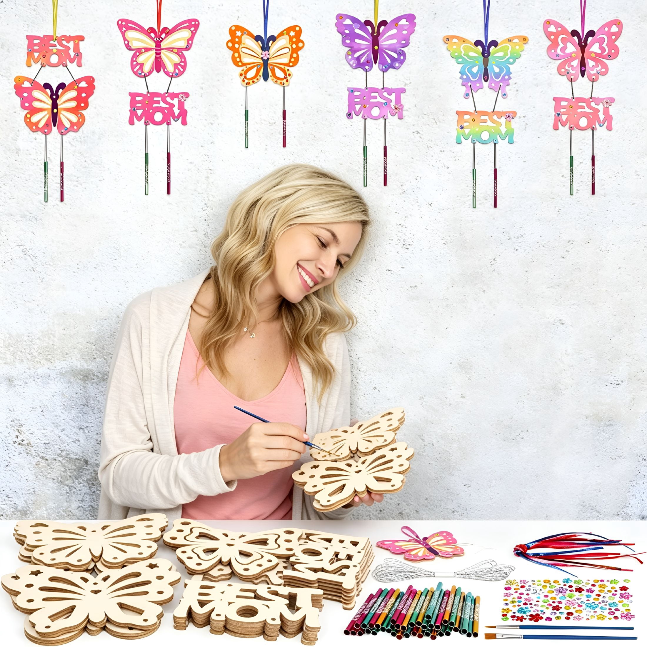 BESTSKY 12 Pack Butterfly Wind Chime Kit for Kids Make Your Own Mother’S Day Craft Kit Diy Coloring Wooden Art and Craft for Mom’S Birthday Decoration from Son Daughter