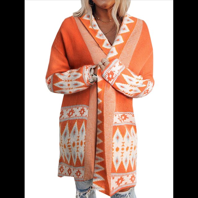 Cárdigan de Punto Extragrande de Larga con Estampado de Colores Contrastantes para Mujer. Naranja S