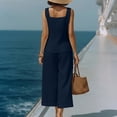 thumbnail image 4 of TEAJOPSUU Womens Summer Linen 2 Piece Solid Sets Matching Travel Outfits Sleeveless Square Neck Button Down Tank Tops Elastic Wide Leg Capri Pants Sets Navy, 4 of 6