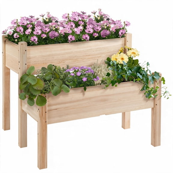 Outsunny 34"x34"x28" Two-Tier Raised Garden Bed, Solid Fir Wood Elevated Planter Box for Vegetables, Herbs, and Flowers, Natural