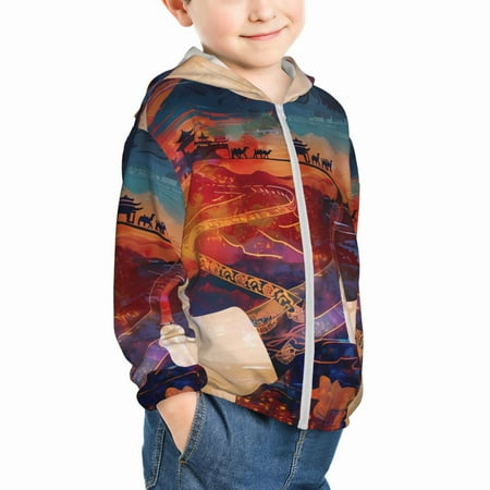 

Uemuo Cultural Silhouette Journey Pattern Rash Guard for Boys Girls Long Sleeve Swim Shirts UPF 50+ UV Sun Protection Hooded Fishing Shirt with Pocket for Kid-2 Years