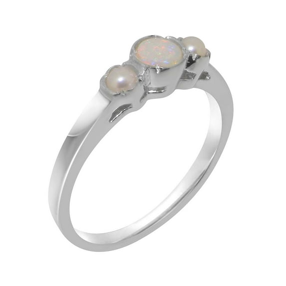 LBG British Made 18k White Gold Natural Opal & Cultured Pearl Womens Anniversary Ring - 33 size options - Size 7.75