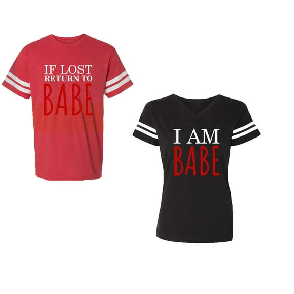 IF Lost Return To Babe I am Babe Unisex Couple Matching Cotton Jersey style T-Shirt Contrasting stripes on sleeves (Men Red / Women Black) (Men S / Women S)