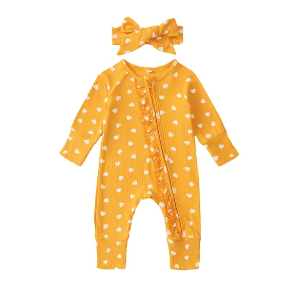 Kucnuzki Newborn Baby Girls Bodysuits 6-9 Months Winter Clothing Long Sleeves Romper Hearts Print Knit Jumpsuits Zipper Up One-piece Overalls with Headband 2pcs Yellow