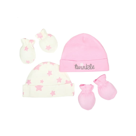 Gerber Newborn Baby Girl Organic Cap and Mittens Set, 4pc