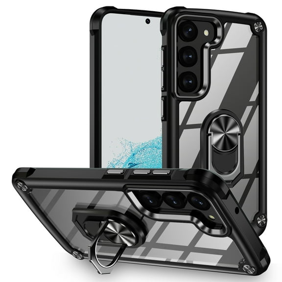 Allytech Clear Case for Samsung Galaxy S22 Plus, Slim Case with Metal Ring Kickstand, Armor Lens Protection Shockproof Anti-Fingerprint Soft TPU Frame Hard PC Back Protective Case - Black