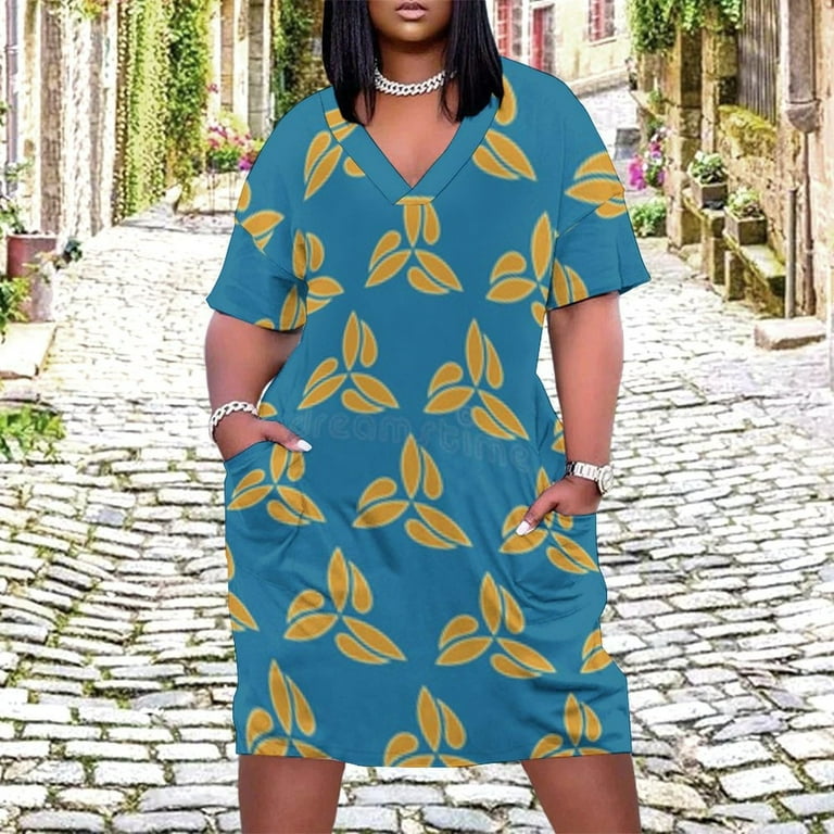 Teal Gold Leaf Pattern Repeat Women's Loose Short Sleeve Dress Casual  Summer Plus Size Long Dresses with Pockets - Walmart.com
