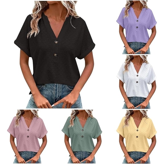 Xuboway Womens T Shirts V Neck Eyelet Button Down Short Sleeve Summer Tops Trendy 2025 Loose Casual Beach Vacation Outfits Clothes